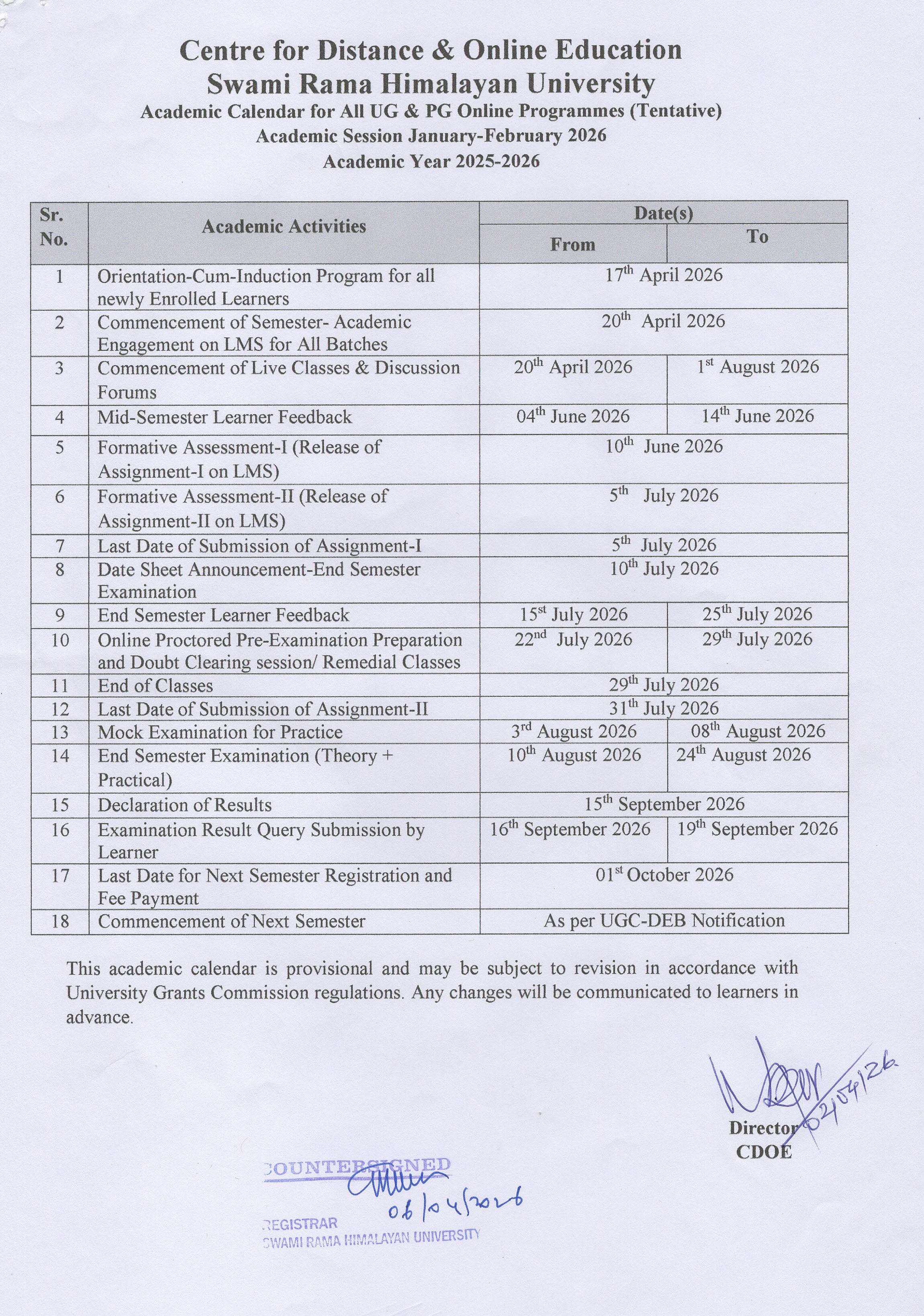 SRHU Online Academic Calendar Jan-Feb 2026